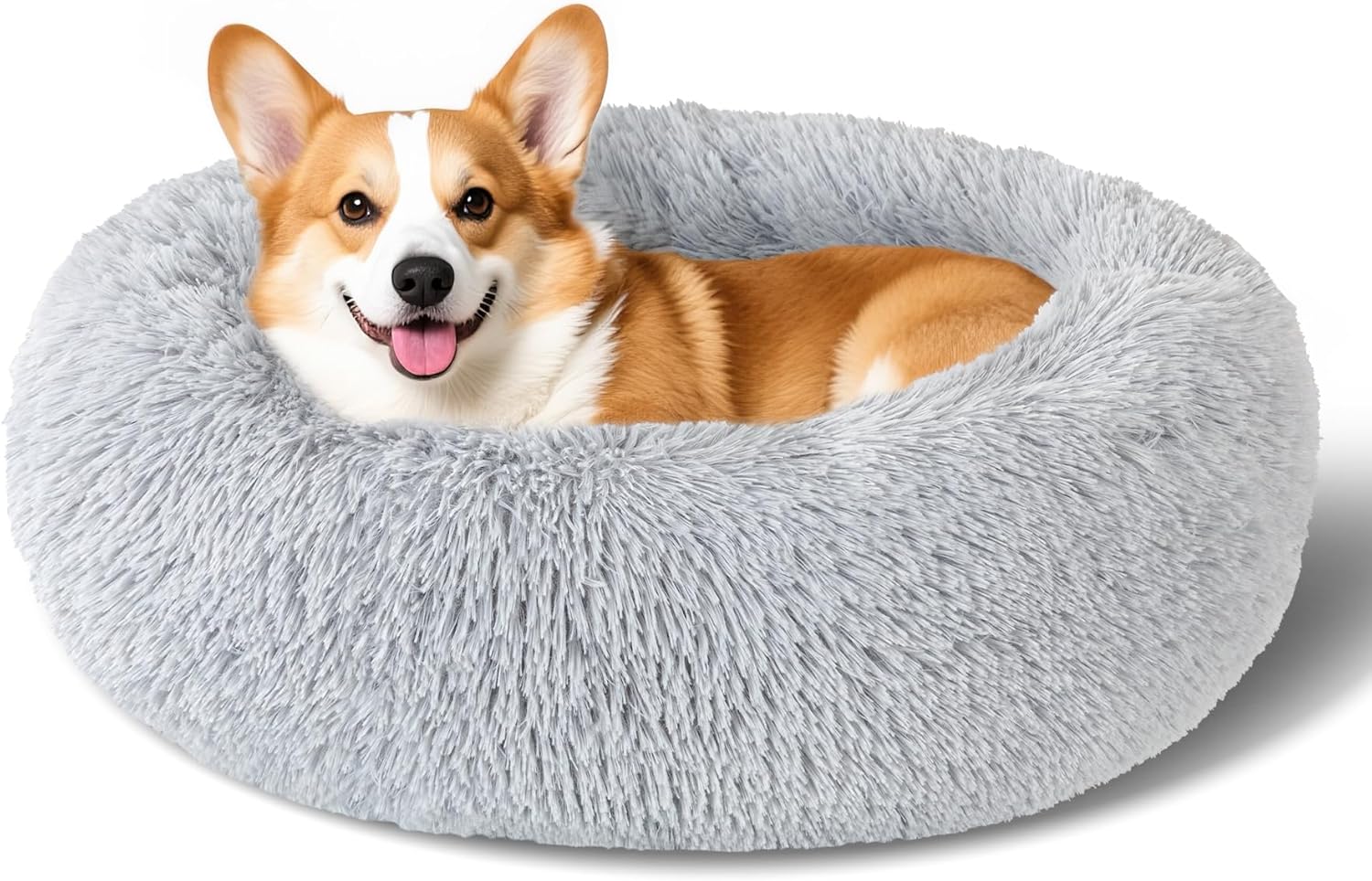 Dog Calming Beds for Small Medium Dogs - round Donut Washable Dog Bed, Anti-Slip Faux Fur Fluffy Donut Cuddler Anxiety Cat Bed(16" Light Grey)