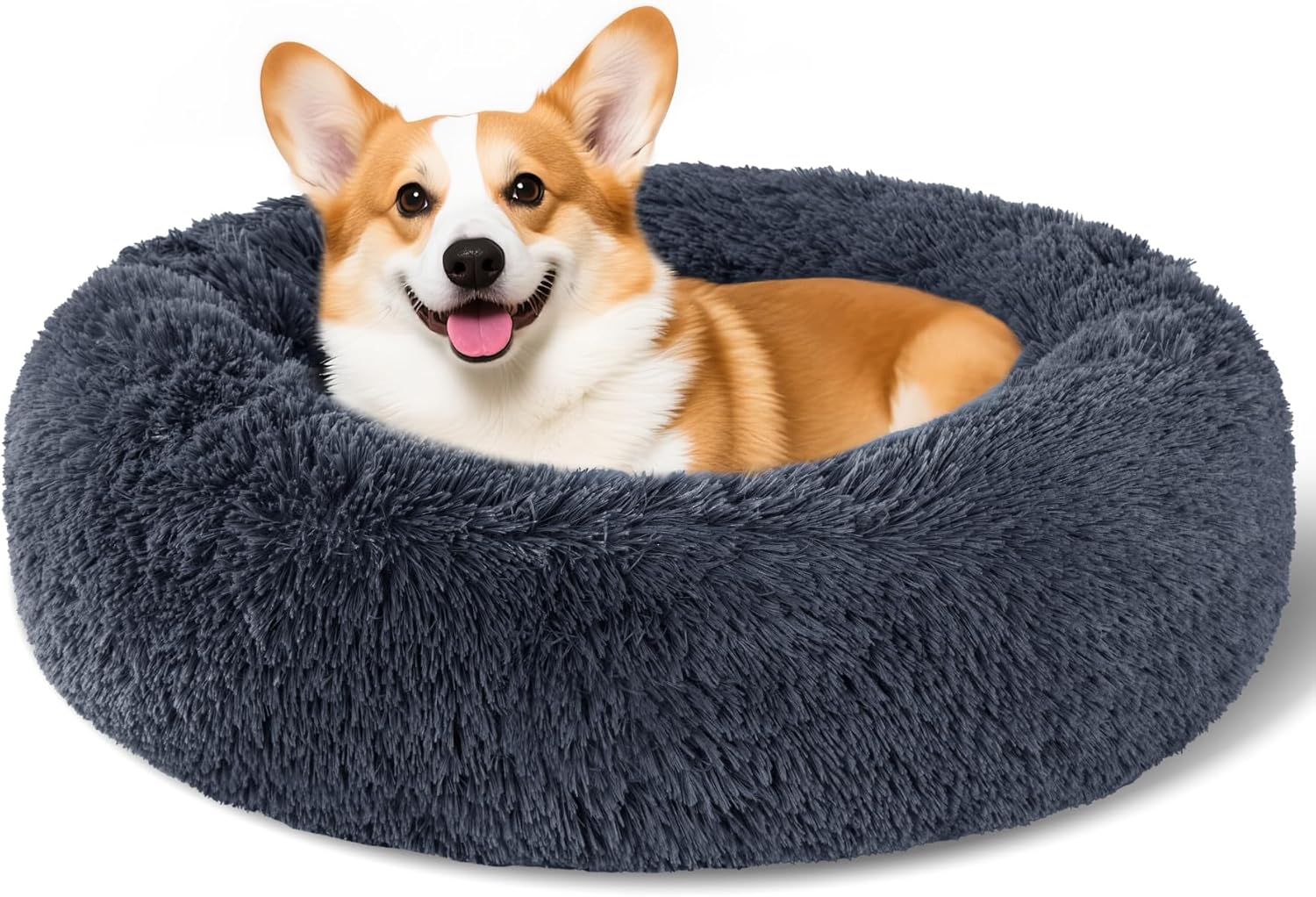 Dog Calming Beds for Small Medium Dogs - round Donut Washable Dog Bed, Anti-Slip Faux Fur Fluffy Donut Cuddler Anxiety Cat Bed(16" Light Grey)