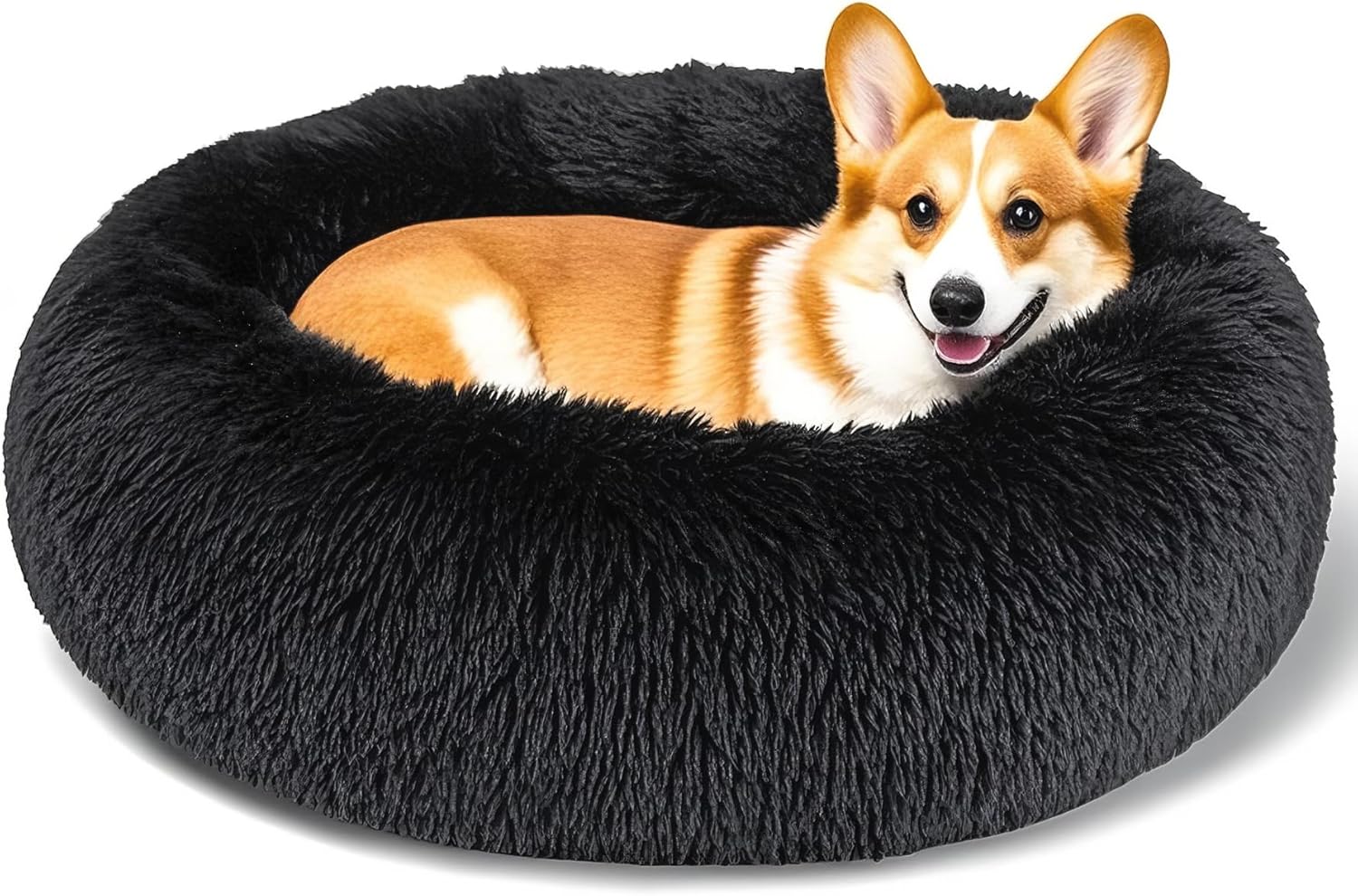 Dog Calming Beds for Small Medium Dogs - round Donut Washable Dog Bed, Anti-Slip Faux Fur Fluffy Donut Cuddler Anxiety Cat Bed(16" Light Grey)