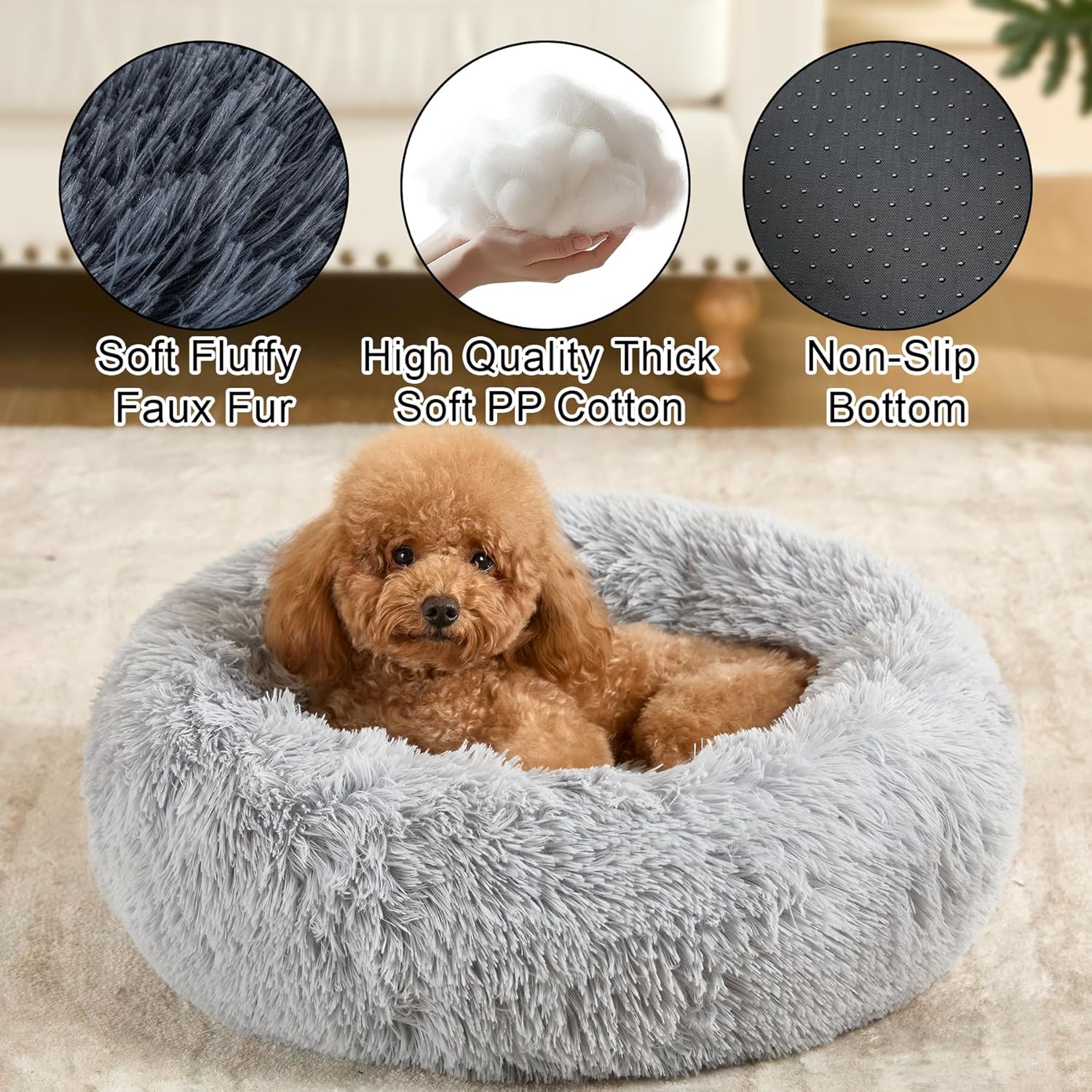Dog Calming Beds for Small Medium Dogs - round Donut Washable Dog Bed, Anti-Slip Faux Fur Fluffy Donut Cuddler Anxiety Cat Bed(16" Light Grey)