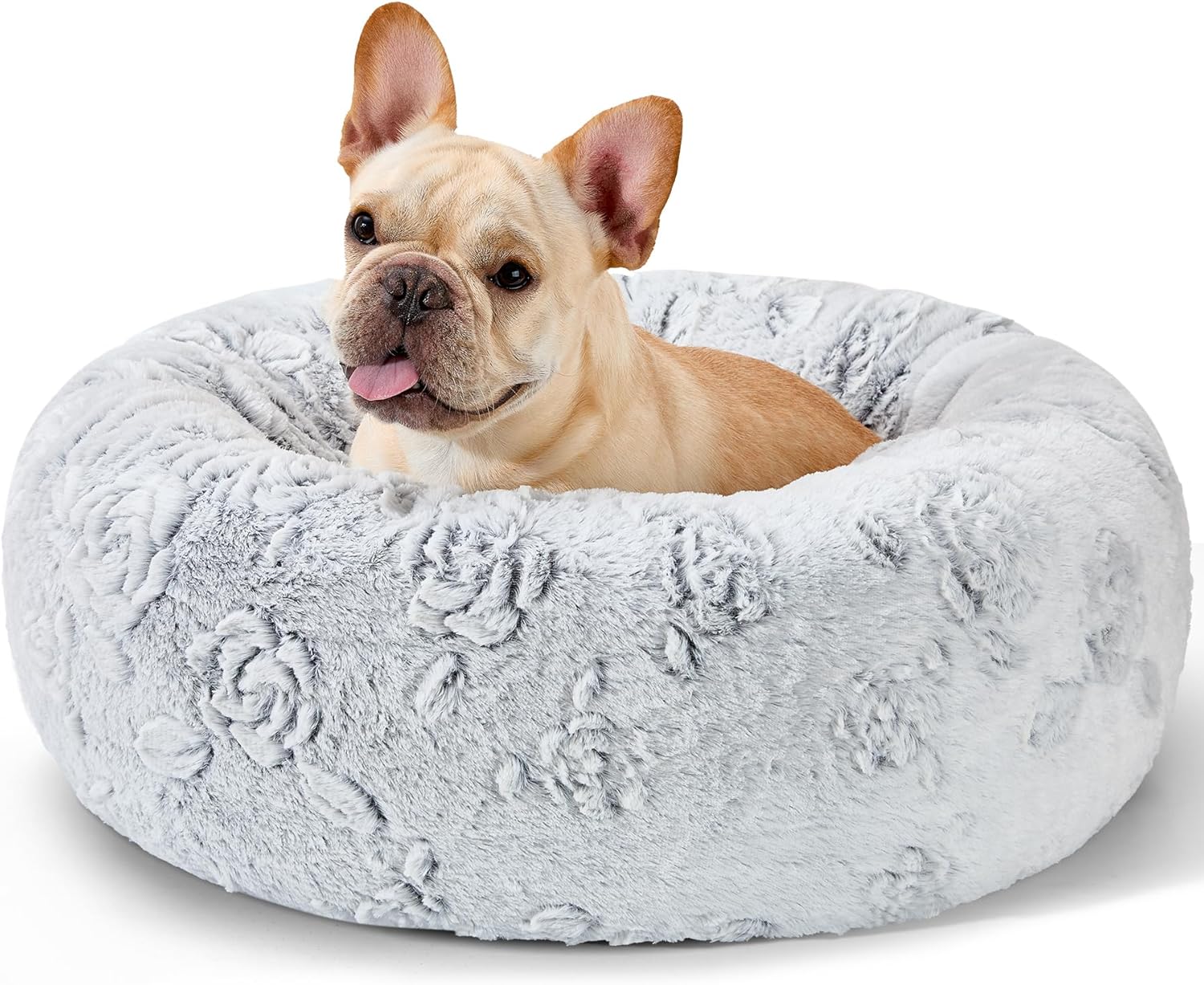Dog Calming Beds for Small Medium Dogs - round Donut Washable Dog Bed, Anti-Slip Faux Fur Fluffy Donut Cuddler Anxiety Cat Bed(16" Light Grey)