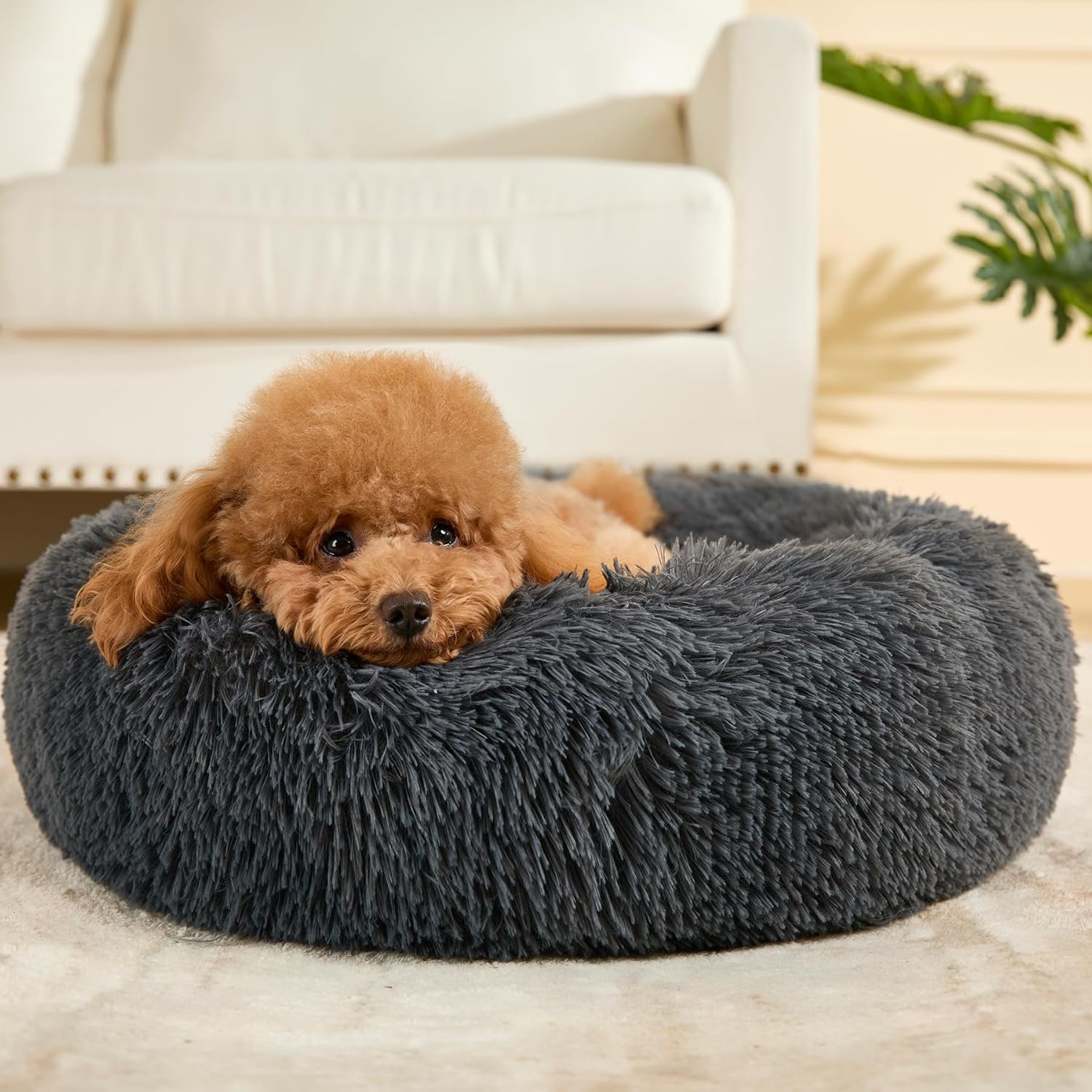 Dog Calming Beds for Small Medium Dogs - round Donut Washable Dog Bed, Anti-Slip Faux Fur Fluffy Donut Cuddler Anxiety Cat Bed(16" Light Grey)