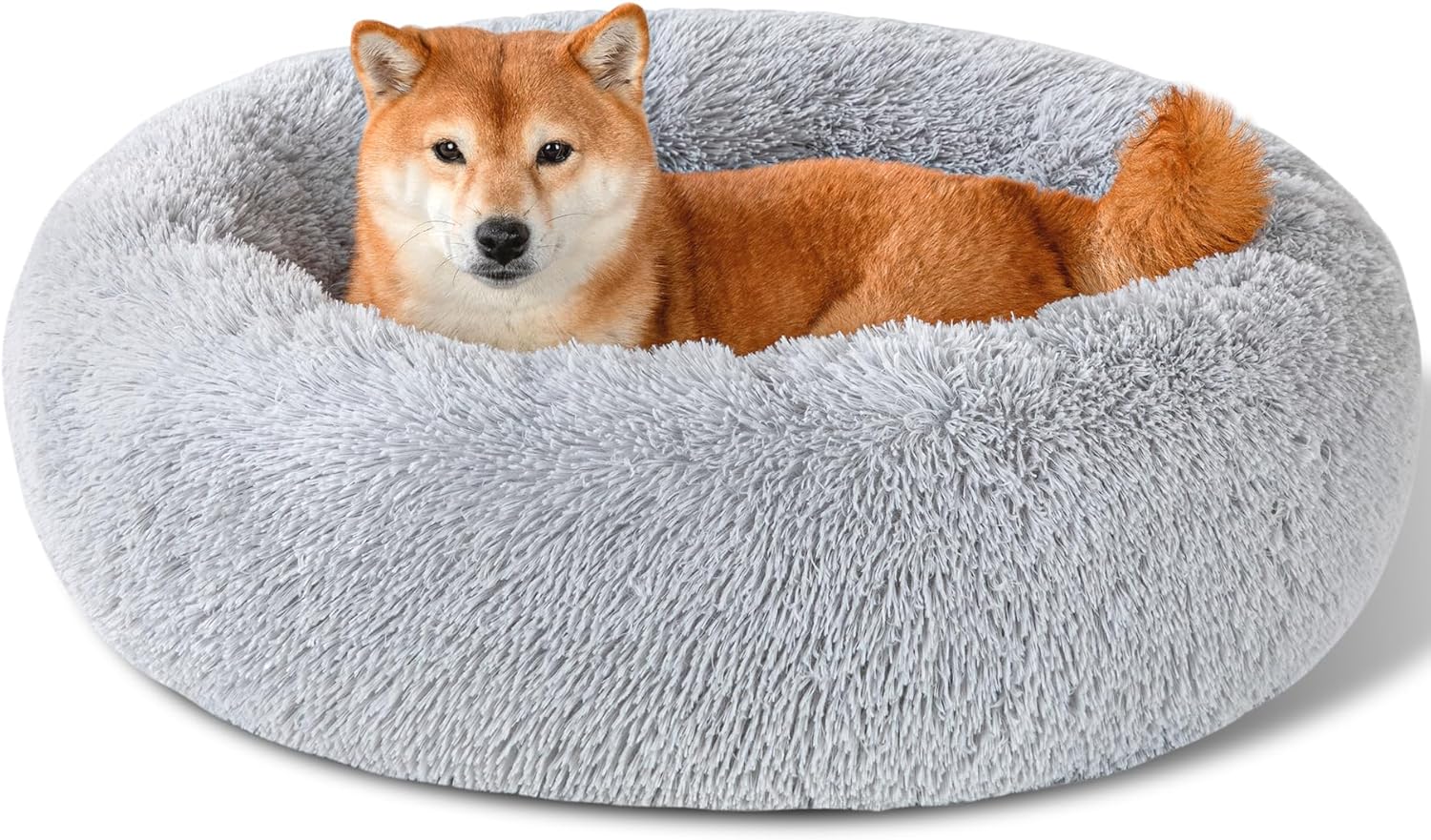 Dog Calming Beds for Small Medium Dogs - round Donut Washable Dog Bed, Anti-Slip Faux Fur Fluffy Donut Cuddler Anxiety Cat Bed(16" Light Grey)