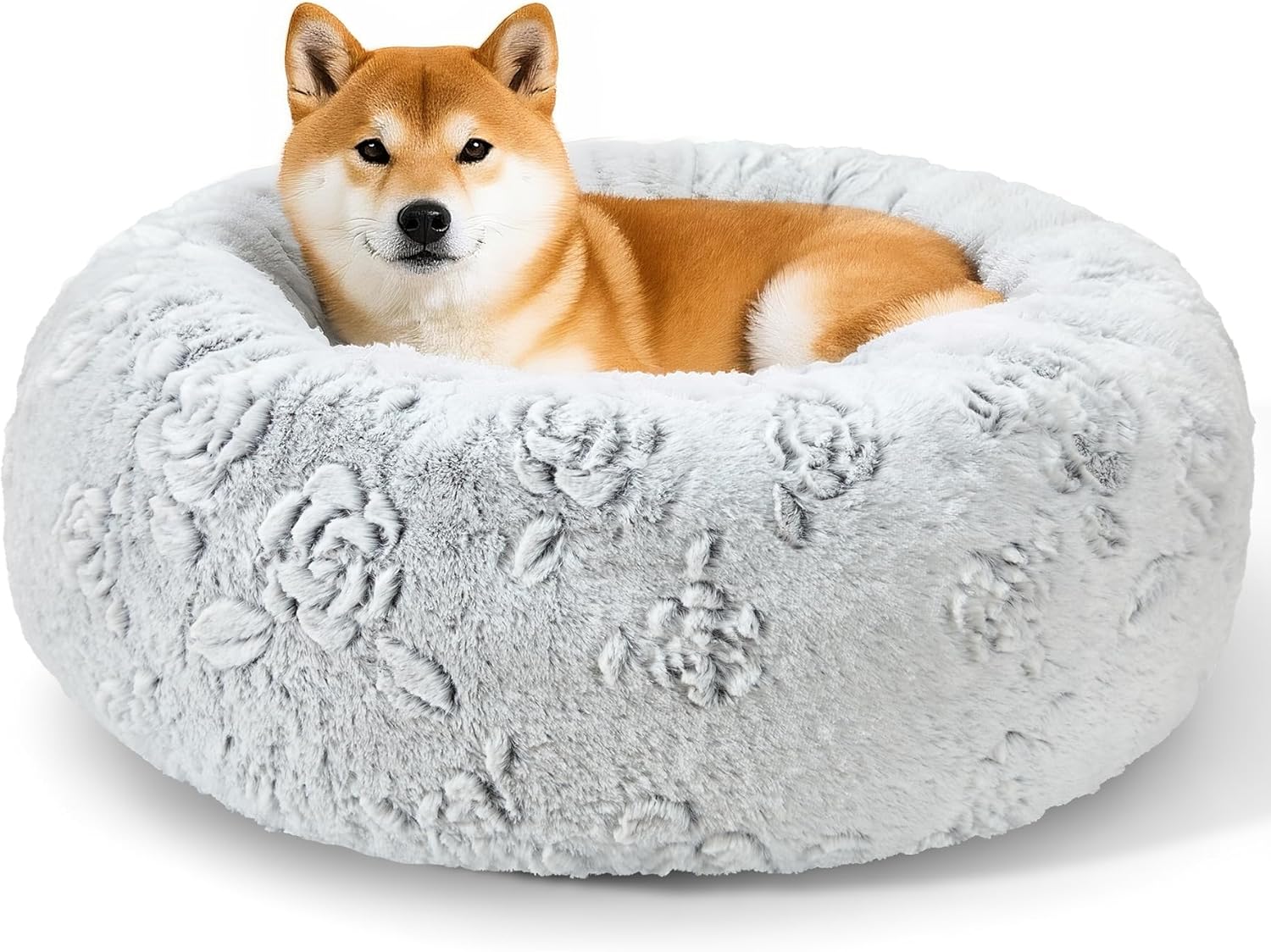 Dog Calming Beds for Small Medium Dogs - round Donut Washable Dog Bed, Anti-Slip Faux Fur Fluffy Donut Cuddler Anxiety Cat Bed(16" Light Grey)