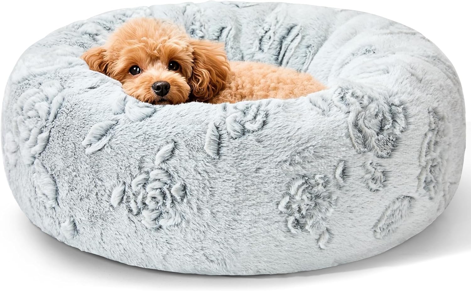Dog Calming Beds for Small Medium Dogs - round Donut Washable Dog Bed, Anti-Slip Faux Fur Fluffy Donut Cuddler Anxiety Cat Bed(16" Light Grey)