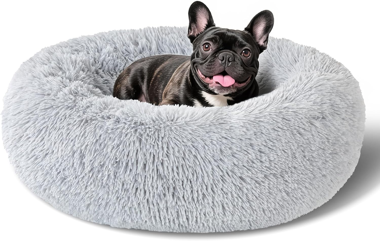 Dog Calming Beds for Small Medium Dogs - round Donut Washable Dog Bed, Anti-Slip Faux Fur Fluffy Donut Cuddler Anxiety Cat Bed(16" Light Grey)