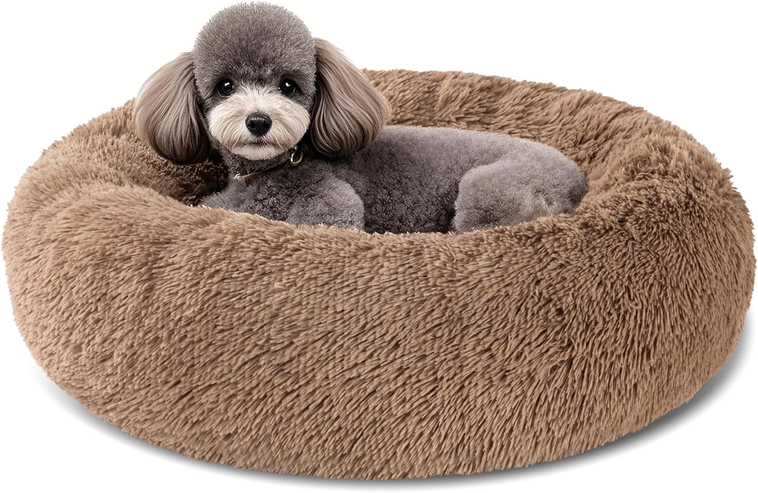 Dog Calming Beds for Small Medium Dogs - round Donut Washable Dog Bed, Anti-Slip Faux Fur Fluffy Donut Cuddler Anxiety Cat Bed(16" Light Grey)