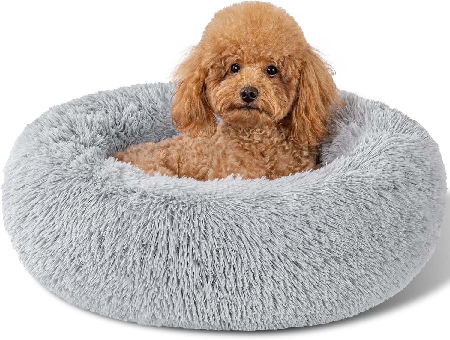 Dog Calming Beds for Small Medium Dogs - round Donut Washable Dog Bed, Anti-Slip Faux Fur Fluffy Donut Cuddler Anxiety Cat Bed(16" Light Grey)