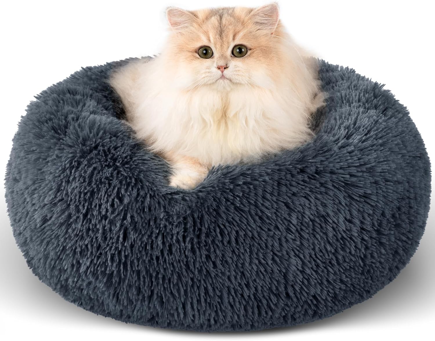 Dog Calming Beds for Small Medium Dogs - round Donut Washable Dog Bed, Anti-Slip Faux Fur Fluffy Donut Cuddler Anxiety Cat Bed(16" Light Grey)