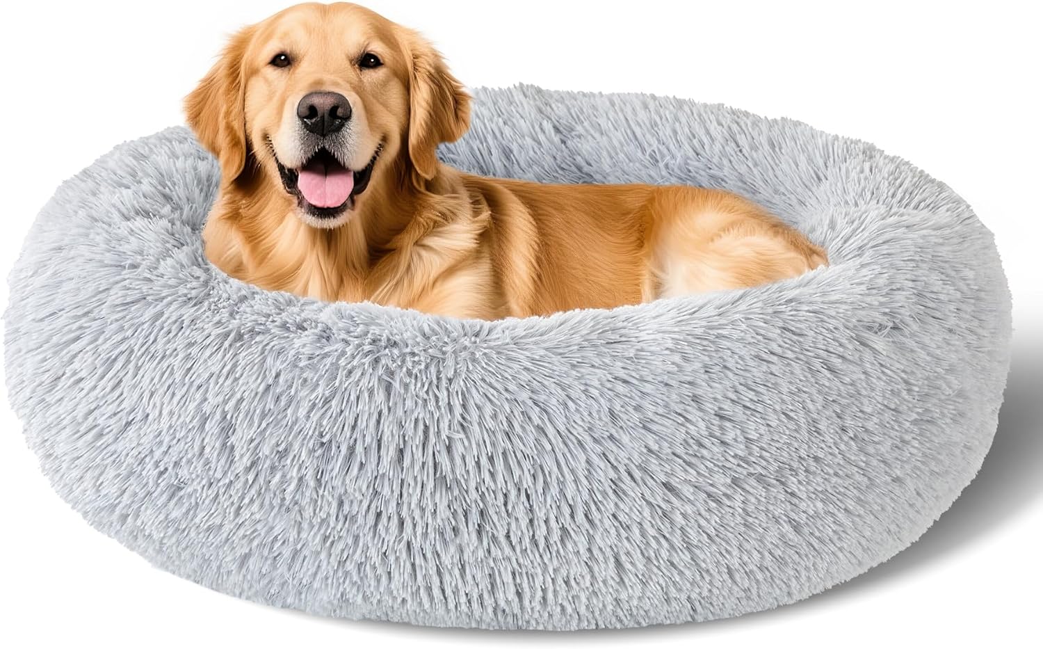 Dog Calming Beds for Small Medium Dogs - round Donut Washable Dog Bed, Anti-Slip Faux Fur Fluffy Donut Cuddler Anxiety Cat Bed(16" Light Grey)