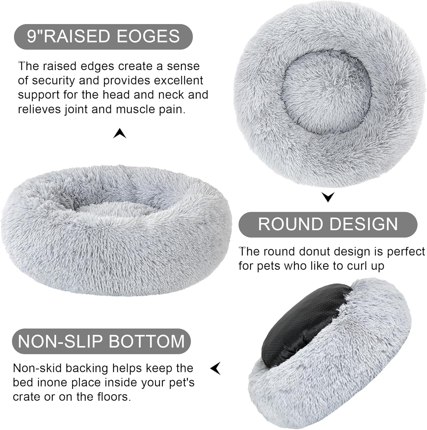 Dog Calming Beds for Small Medium Dogs - round Donut Washable Dog Bed, Anti-Slip Faux Fur Fluffy Donut Cuddler Anxiety Cat Bed(16" Light Grey)