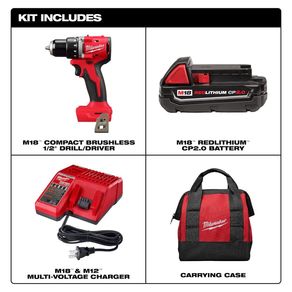M18 18V Lithium-Ion Brushless Cordless 1/2 In. Compact Drill/Driver with One 2.0 Ah Battery, Charger and Tool Bag