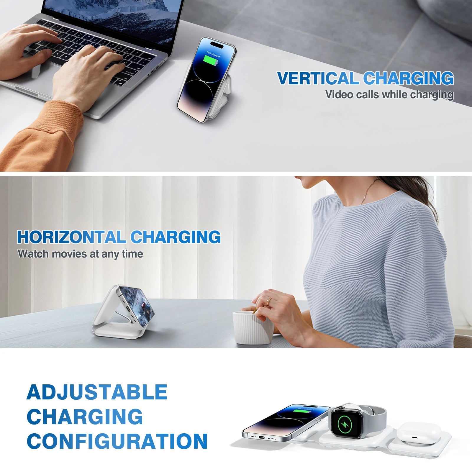 Magnetic Wireless Charger 3 in 1 Travel Charging Flexible Fast Charging Dock Station for Apple Devices for Iphone 16 15 14 13 12