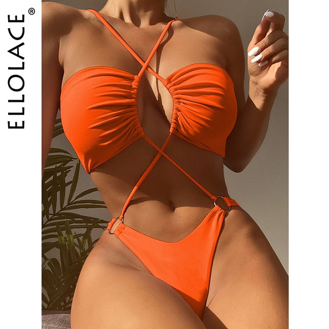 Sexy Cross Halter One Piece Swimsuit by Ellolace